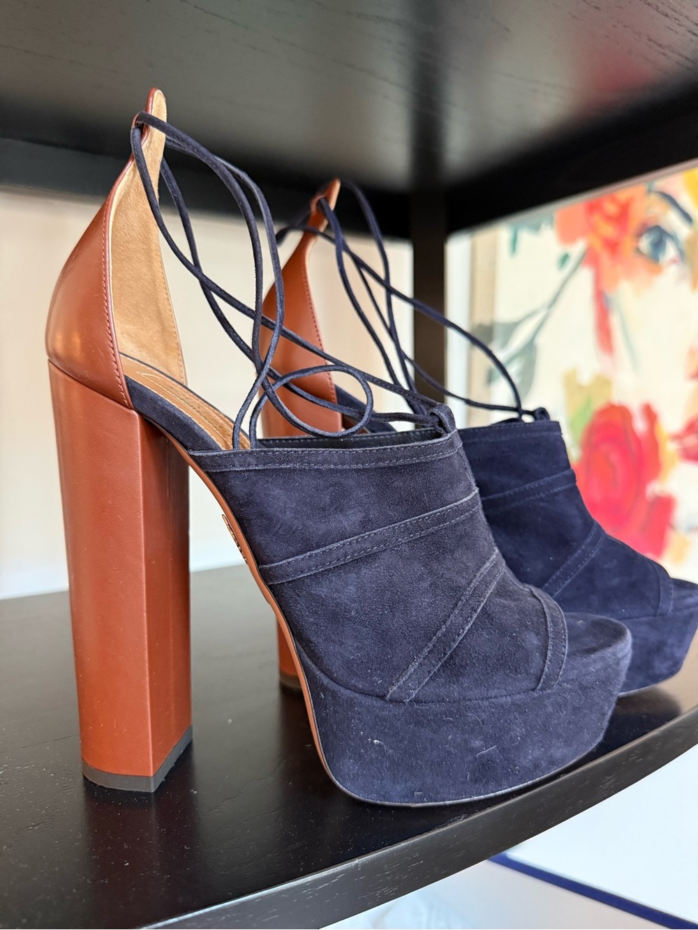 Aquazzura Navy Suede Platform Sandals with Brown Block Heel